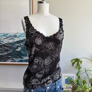 Black Floral Lace Trim Tank Top